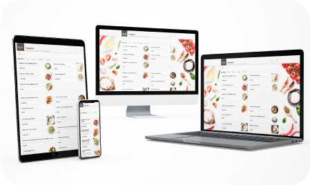 A restaurant menu is shown on a laptop, tablet, smartphone, and PC.