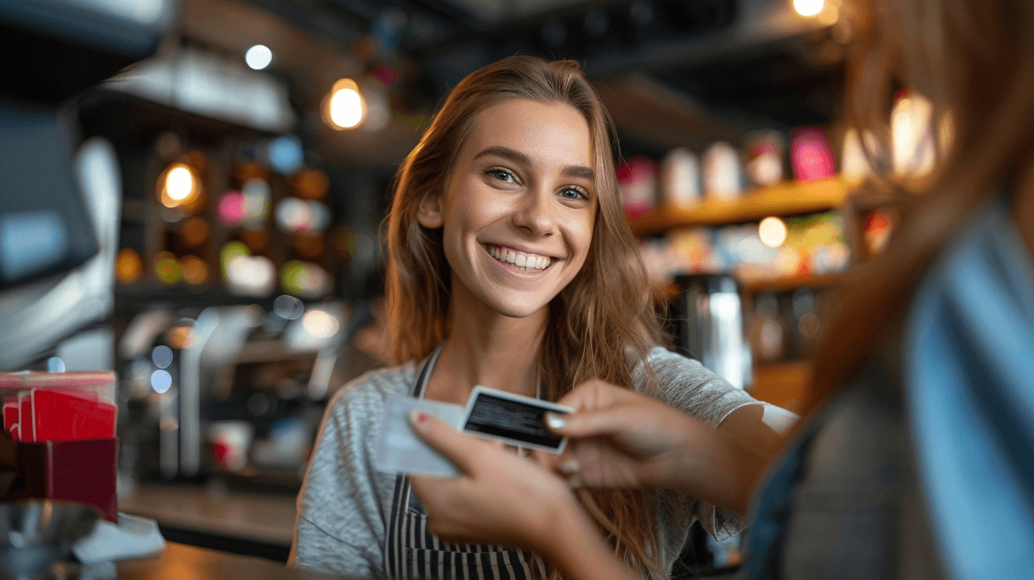 A girl happily holds a credit card, radiating joy with her smile as she confidently poses for the camera.