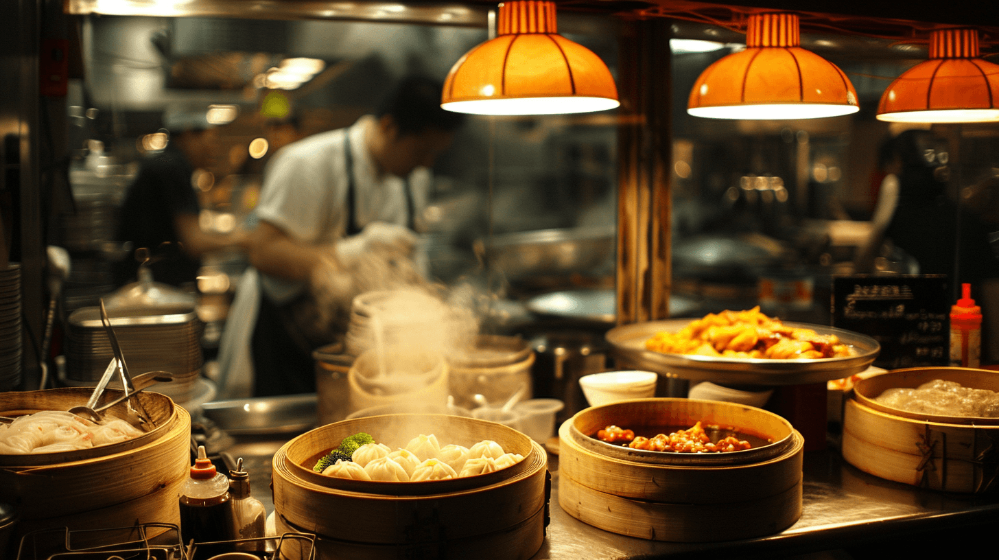 A chef is cooking in a Chinese restaurant kitchen.
