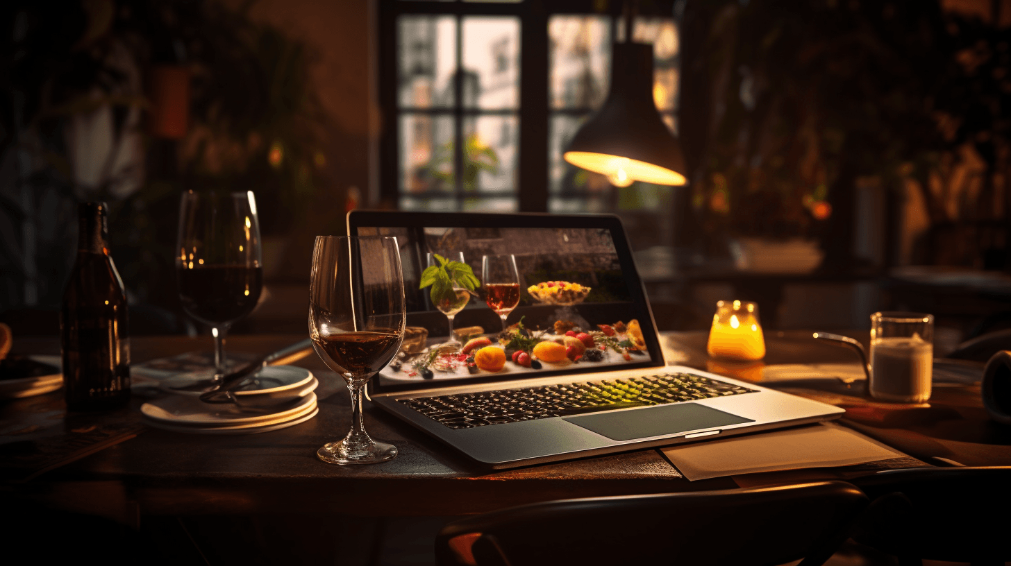 A laptop is placed on the restaurant table next to a candle and glasses of wine.