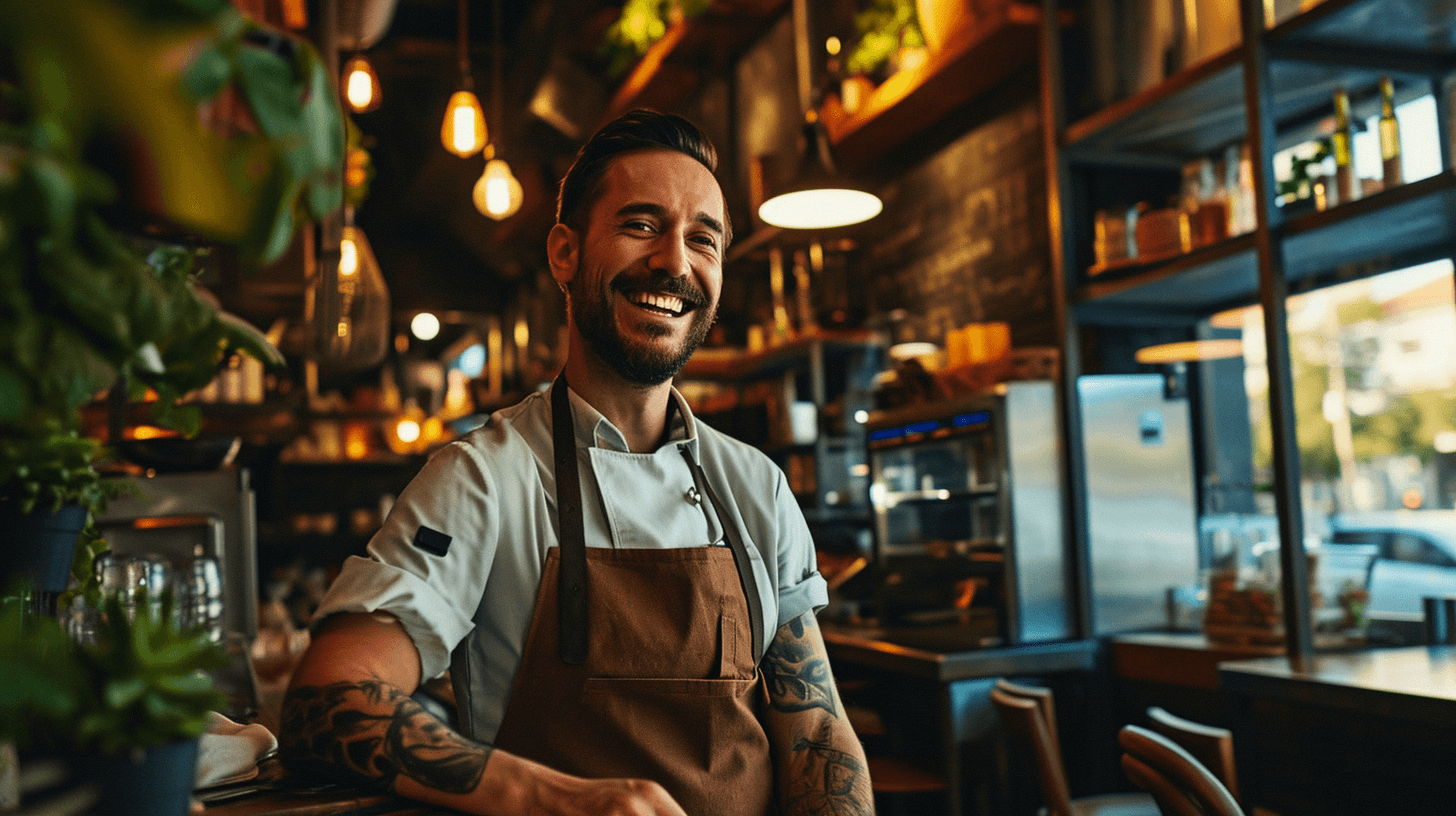 A restaurant waiter in apron is smiling and looking at the camera.