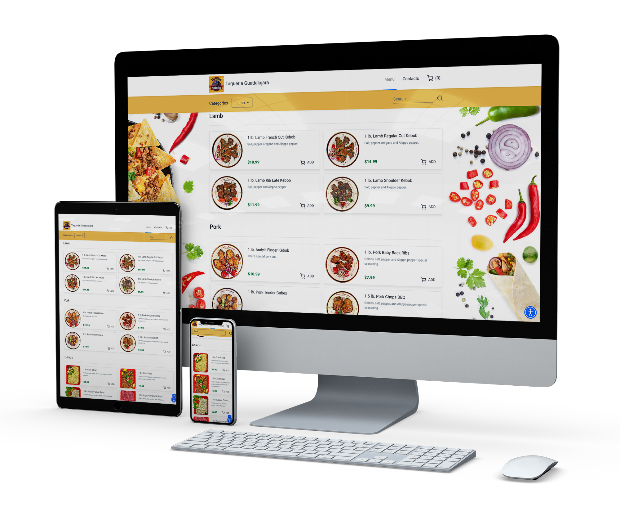 Restaurant menu on iMac, tablet and smartphone screens.