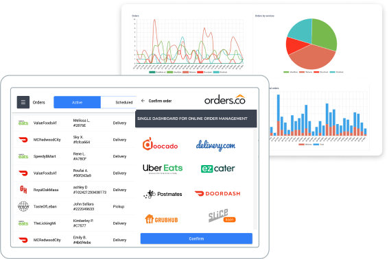 A laptop mockup with third party delivery apps and a chart of statistics.