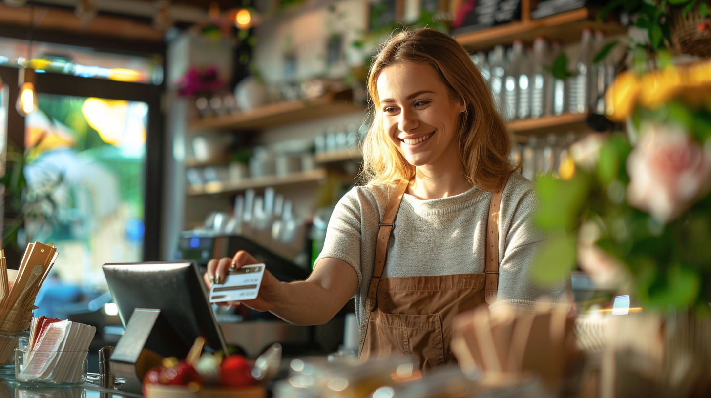 A smiling restaurant cashier accepts the payment via credit card.