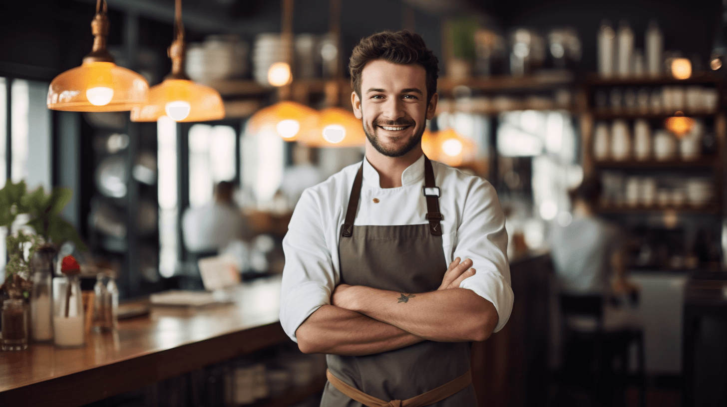A restaurant waiter in an apron crosses his arms and looks at the camera while smiling.