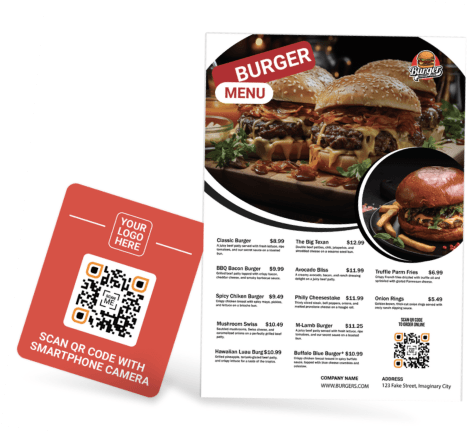 A menu of burgers with a QR code is placed aside.