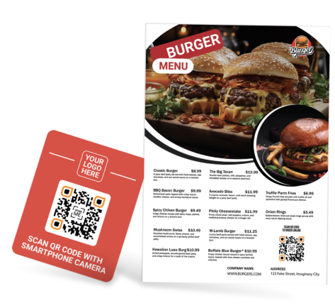 A menu of burgers with a QR code is placed aside.