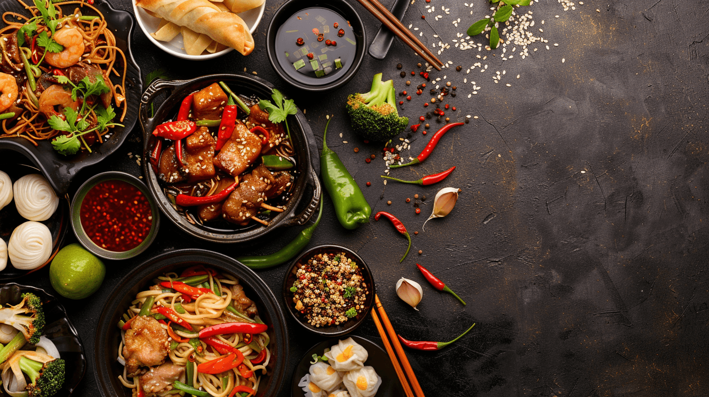 A spread of Asian cuisine dishes on a table, including sushi, dumplings, and stir-fry
