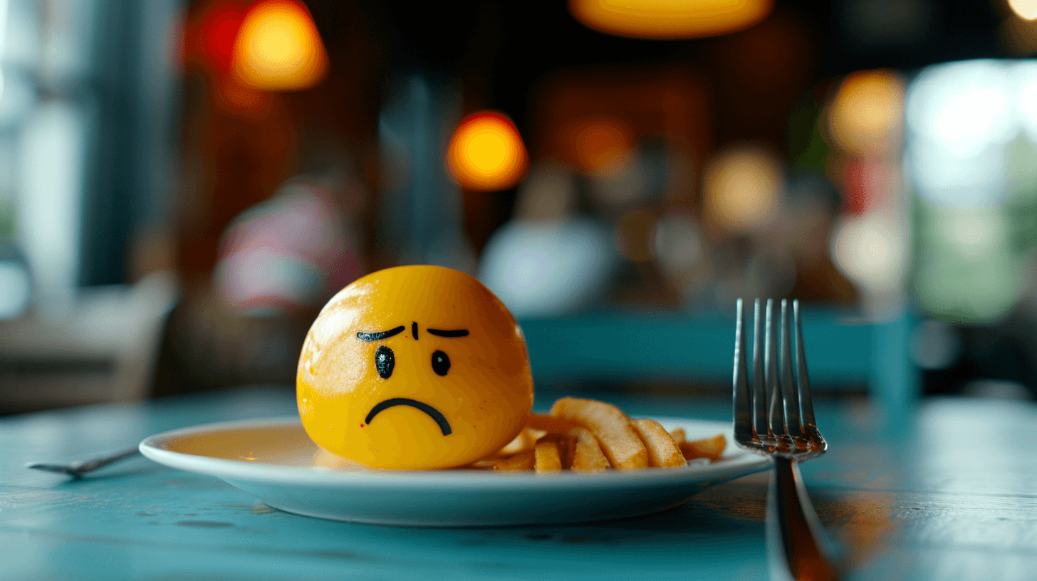 There is a plate on the table with a fork, some French fires, and a lemon with an unhappy face painted on it.