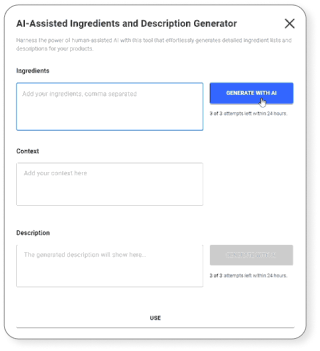 AI-assisted ingredients and description generator tool.