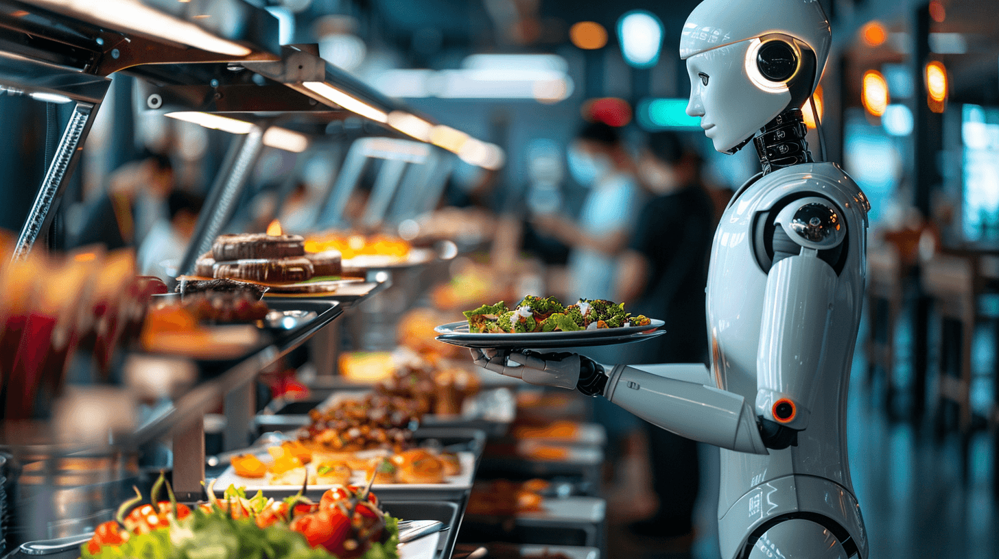 A robot holding a plate of food in front of a buffet, showcasing a variety of dishes.
