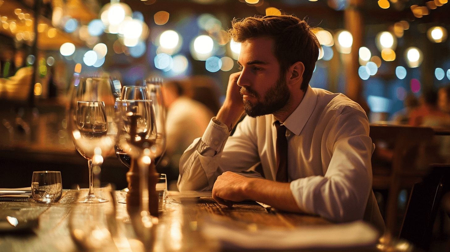 Putting his hand under his jaw, a young man with a T-shirt sits near the restaurant table and is thinking.