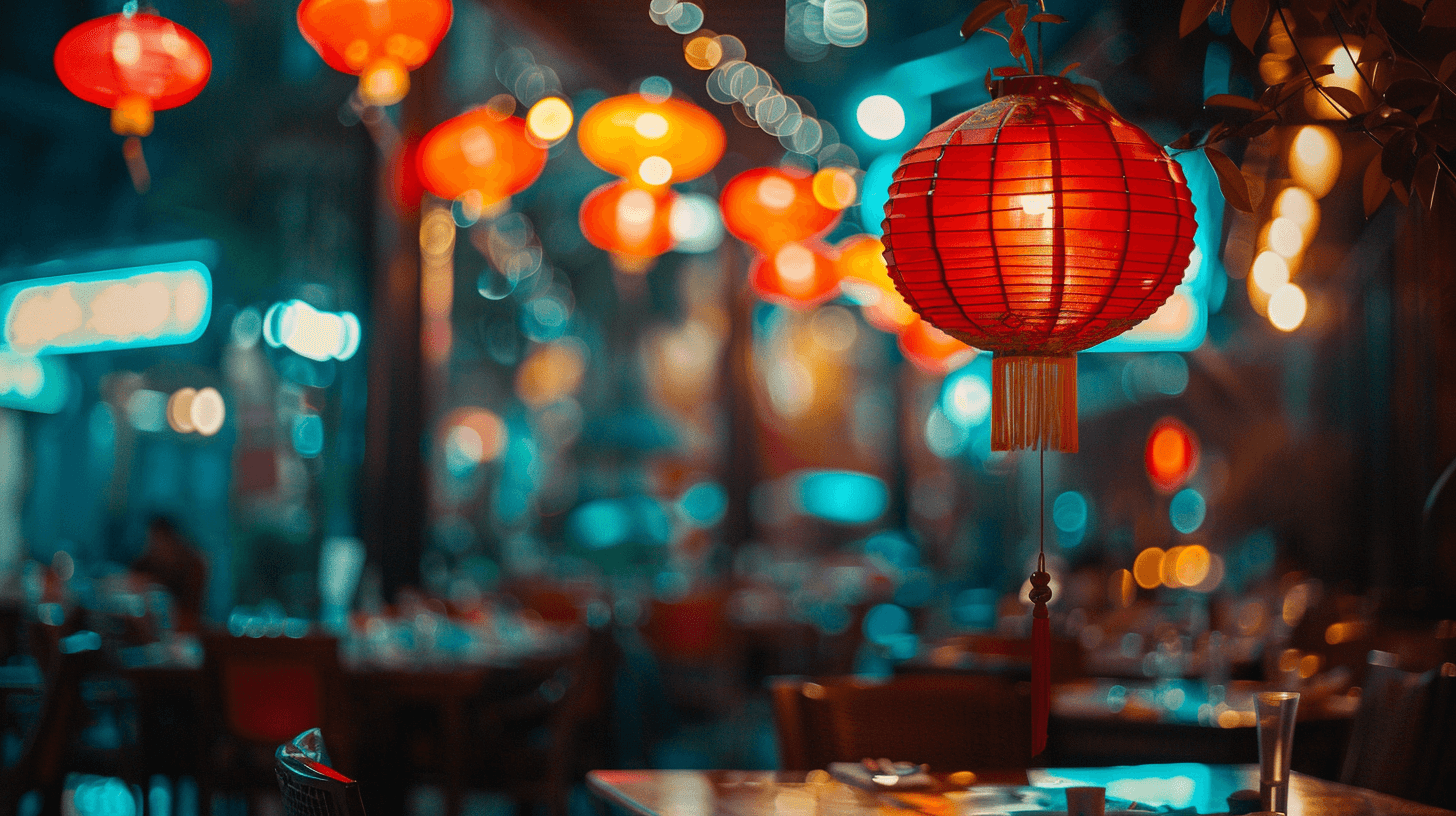 A Chinese lantern hanging in a Chinese restaurant.