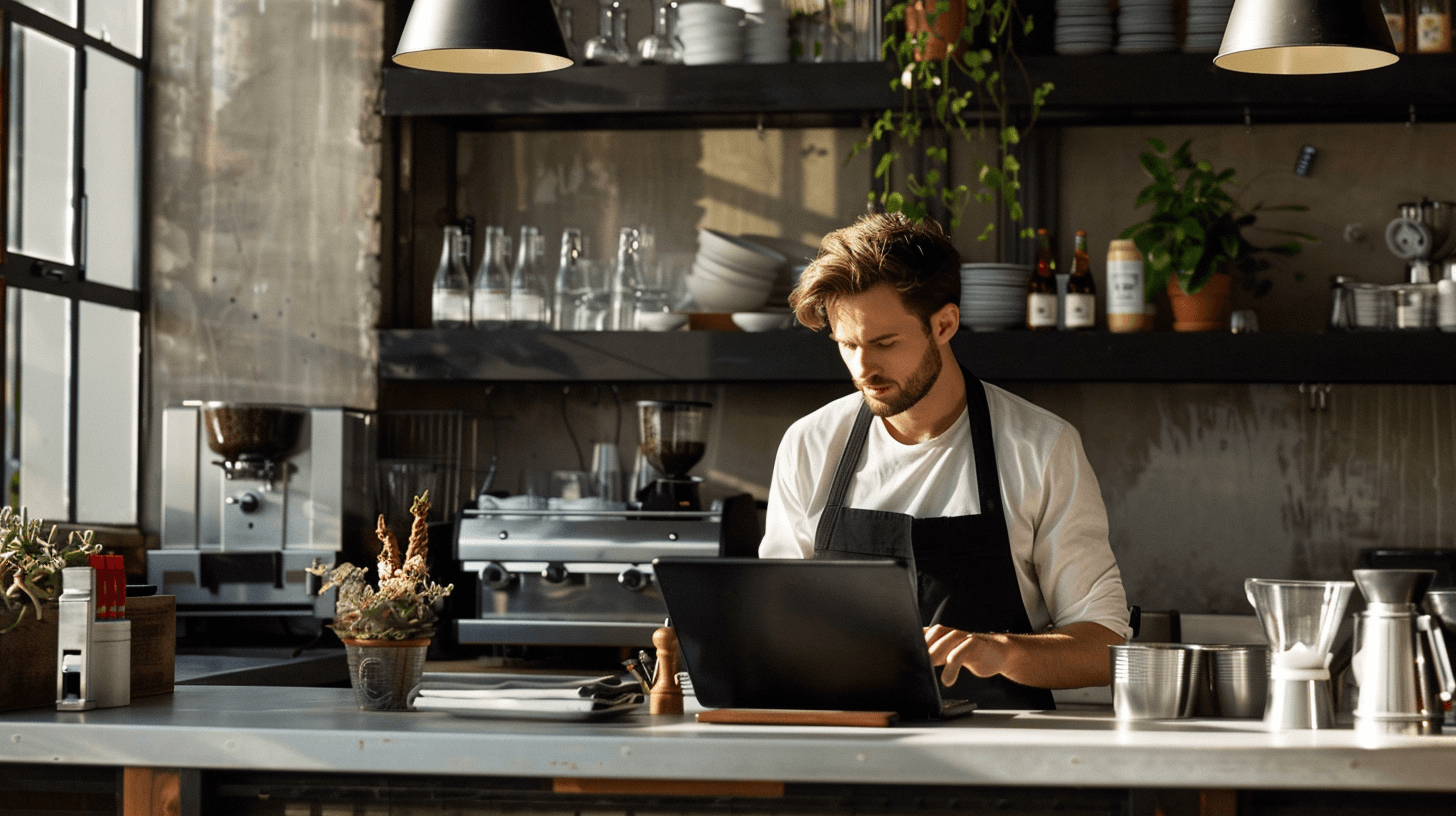 Restaurant worker in apron typing on laptop.